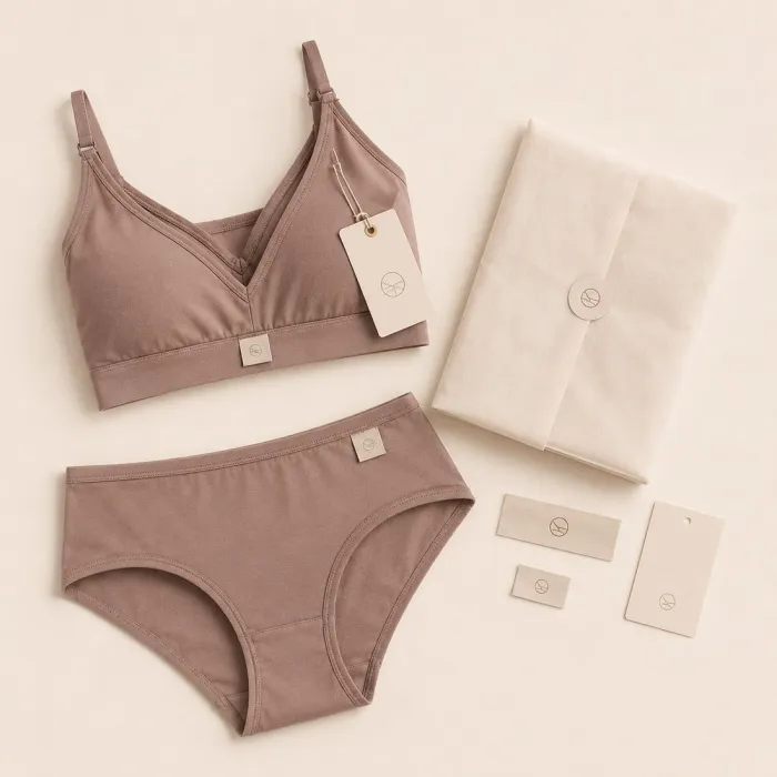 NuedWears private label innerwear with custom brand labels, hang tags and packaging