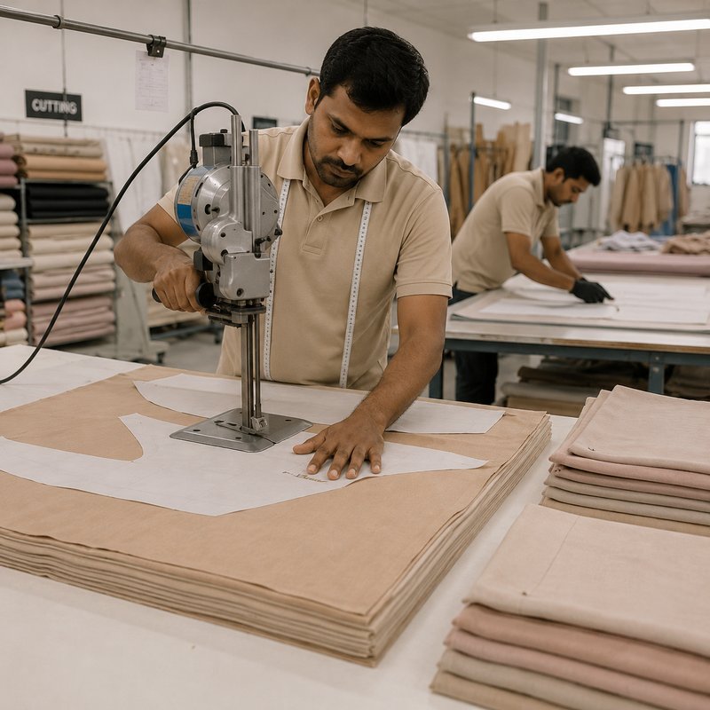 NuedWears fabric cutting section — cup and panel pieces cut in layers