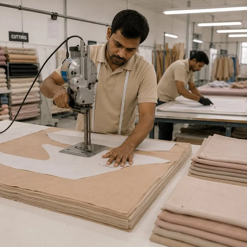 NuedWears fabric cutting section — cup and panel pieces cut in layers