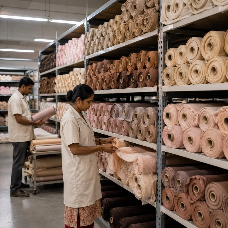 Fabric store at the NuedWears unit — knitted fabric rolls racked by shade