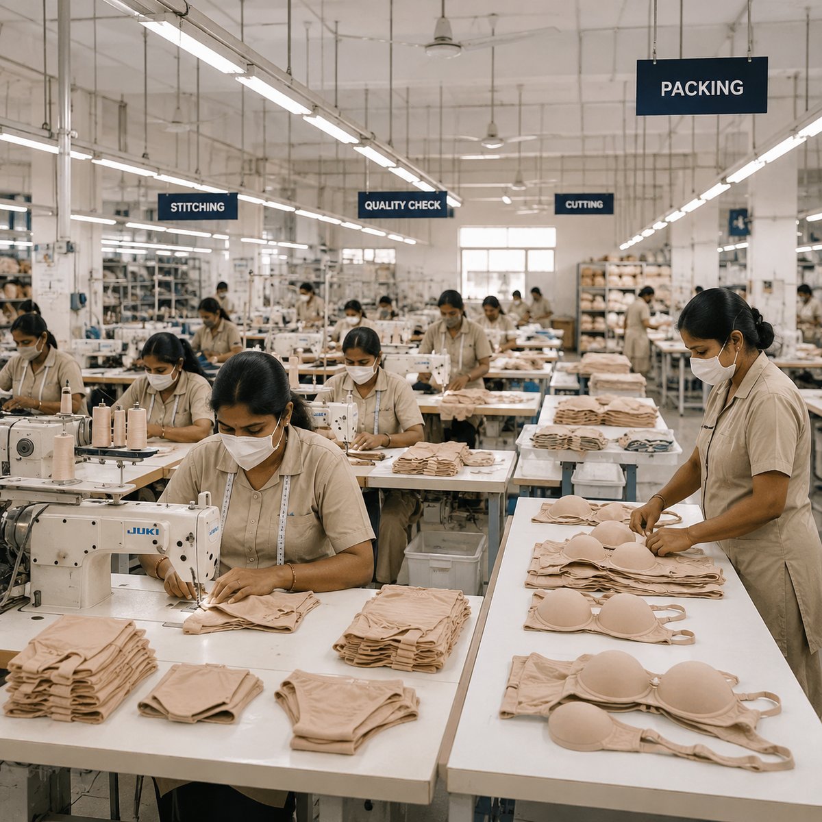 NuedWears lingerie manufacturing factory floor in Kanpur — stitching, cutting, quality check and packing sections