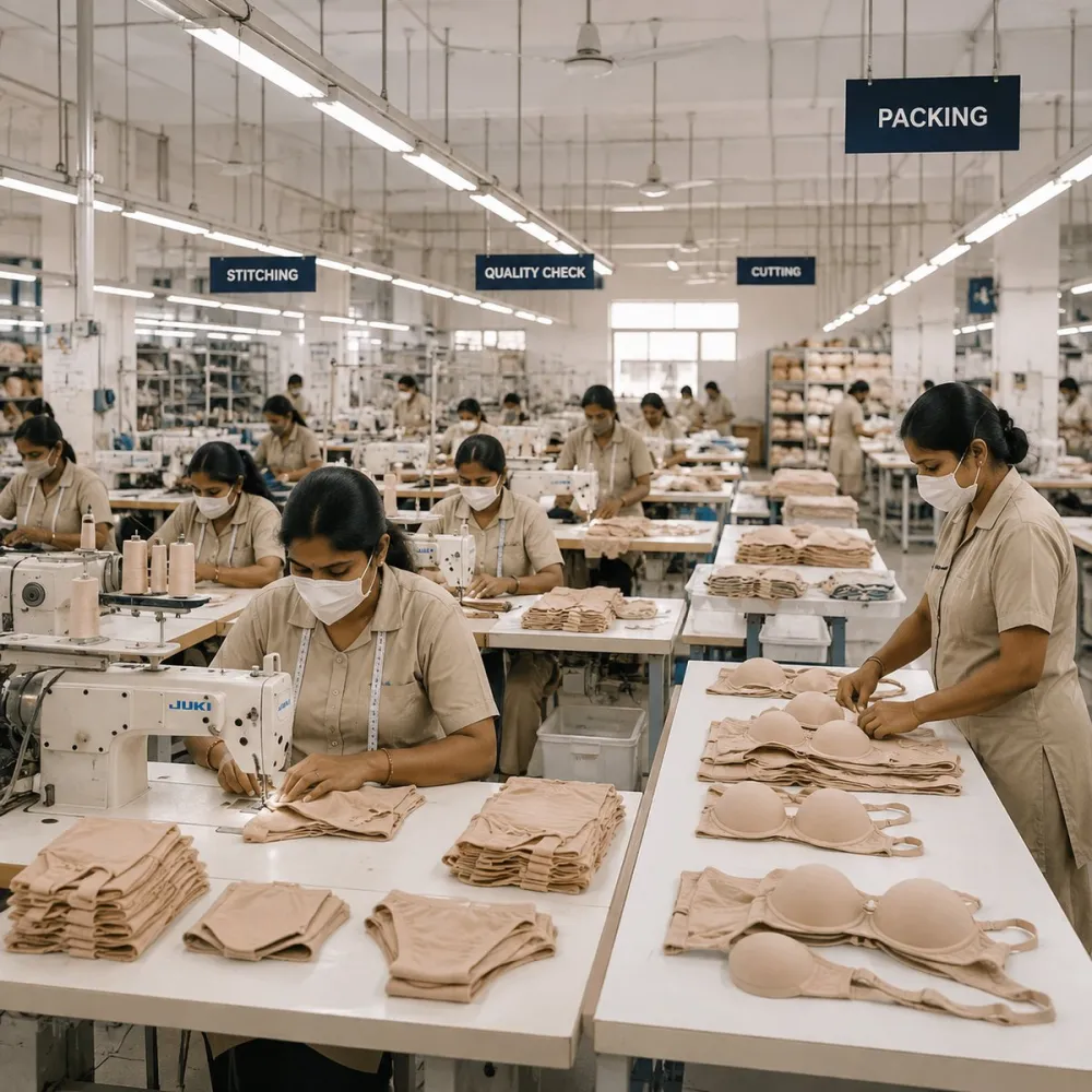 NuedWears lingerie manufacturing factory floor in Kanpur — stitching, cutting, quality check and packing sections