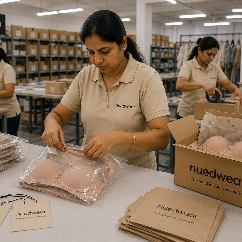 NuedWears packing section — pieces polybagged and cartoned for dispatch