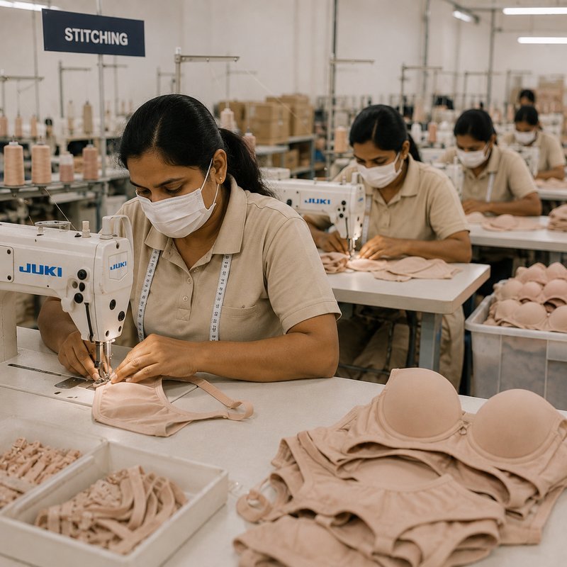 NuedWears stitching line — bras assembled on industrial machines