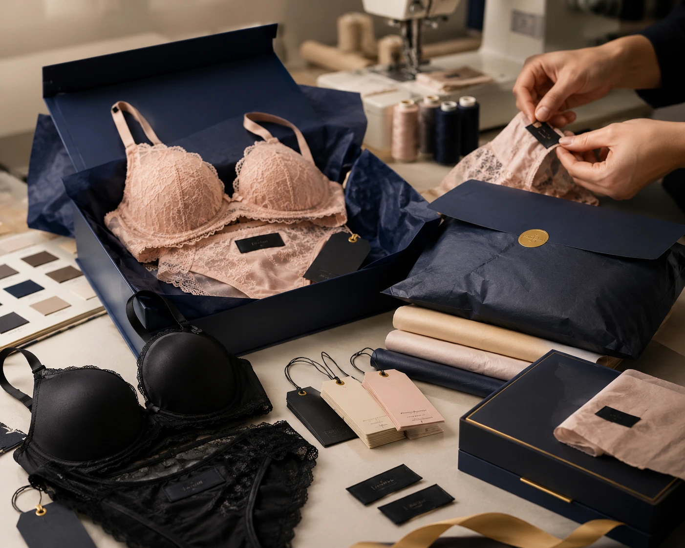 Private label lingerie manufacturing by NuedWears with custom brand labels and packaging