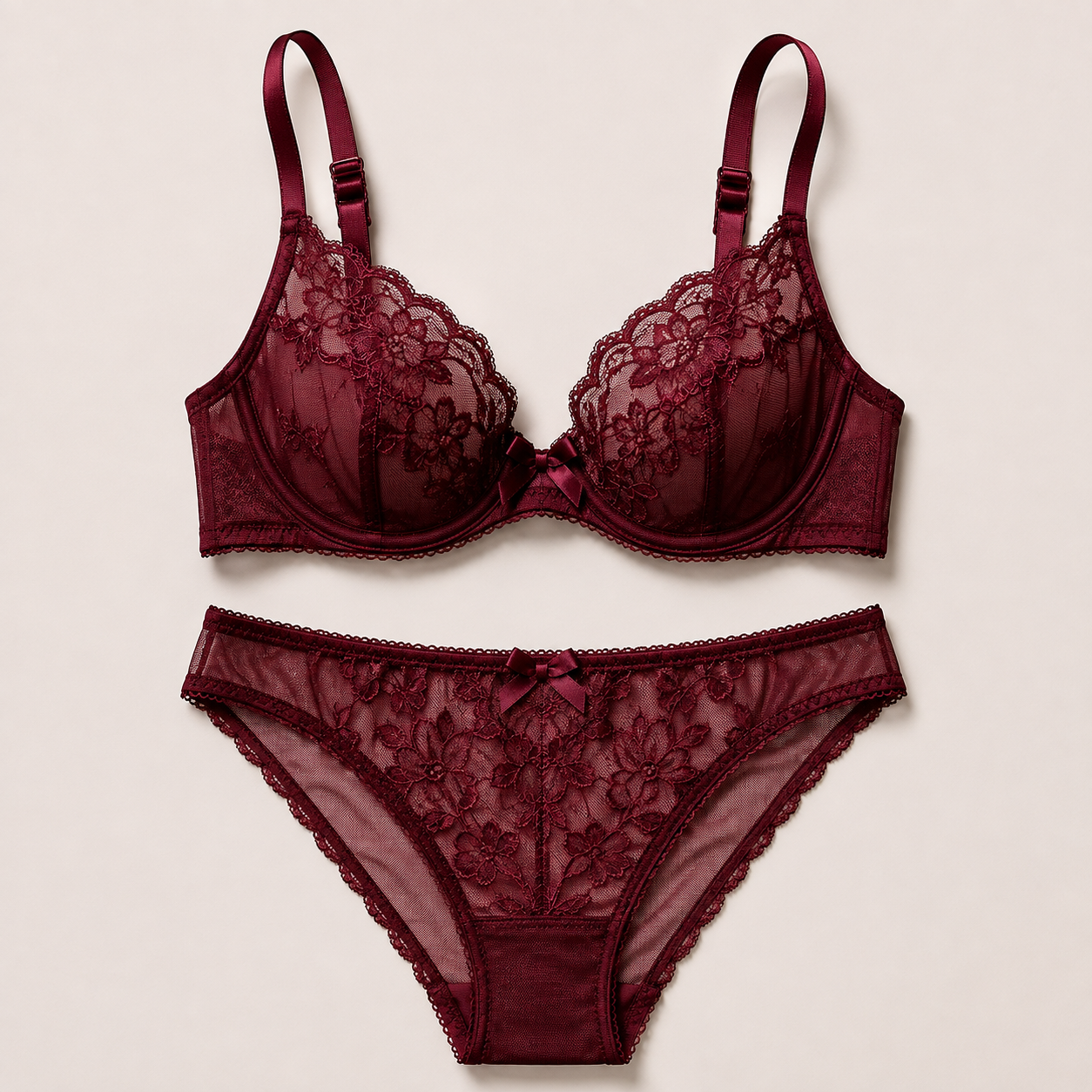 Maroon designer lace lingerie set manufactured by NuedWears Kanpur