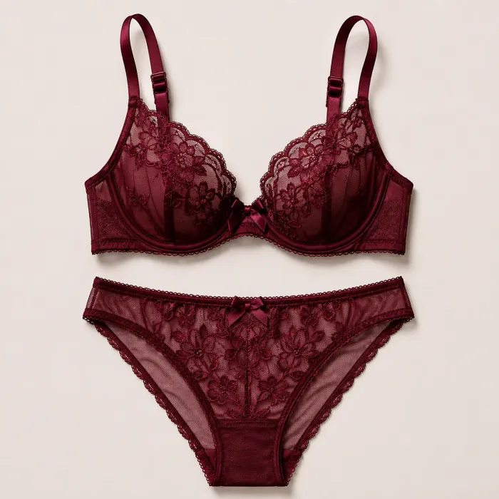 Maroon designer lace lingerie set manufactured by NuedWears Kanpur