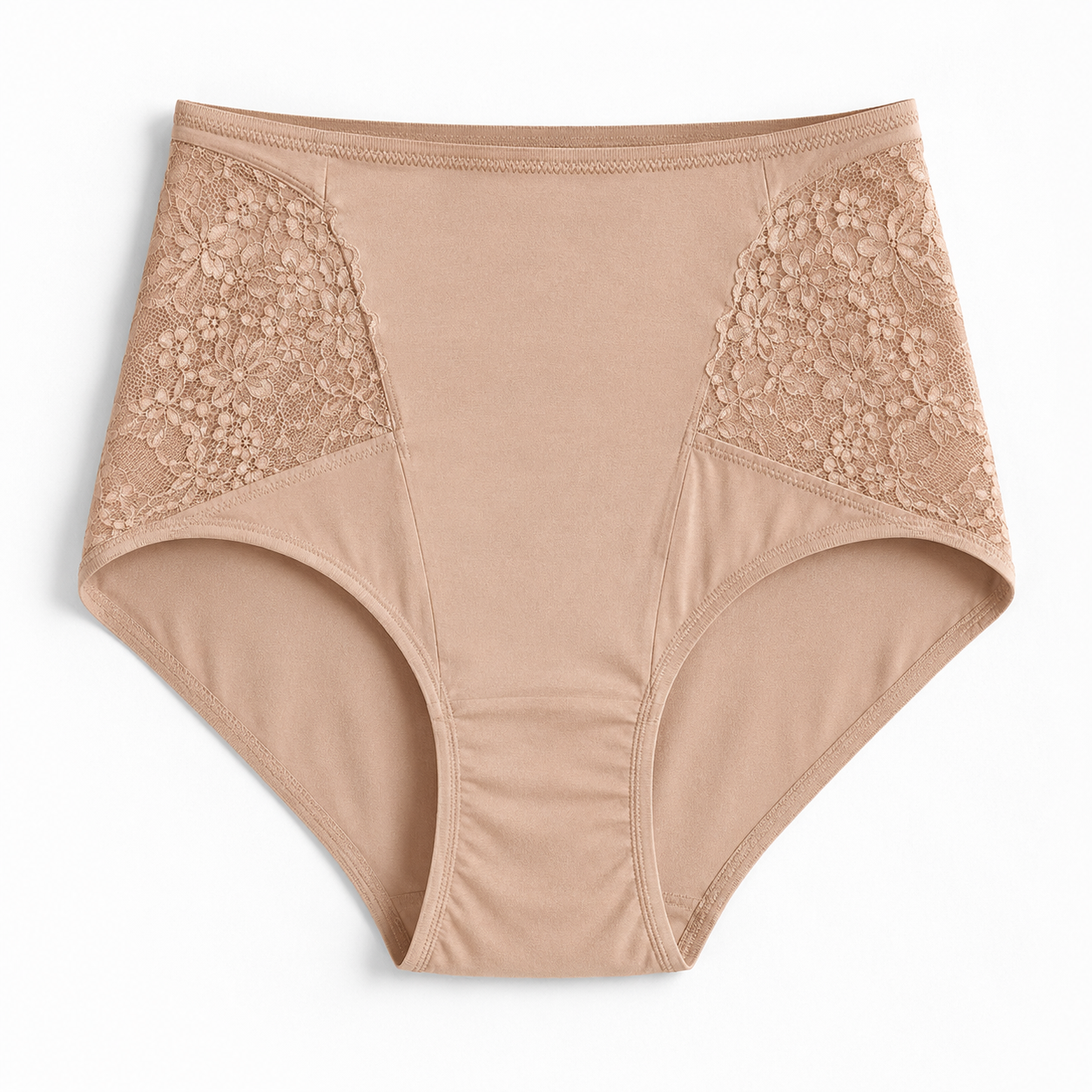 High-waist lace-panel cotton panties manufactured by NuedWears for wholesale orders