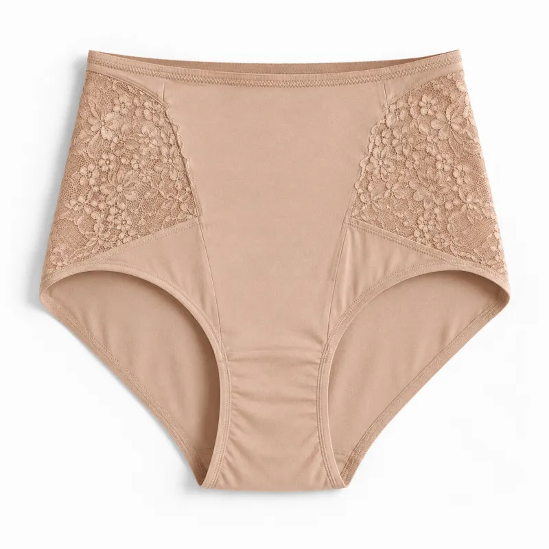 High-waist lace-panel cotton panties manufactured by NuedWears for wholesale orders