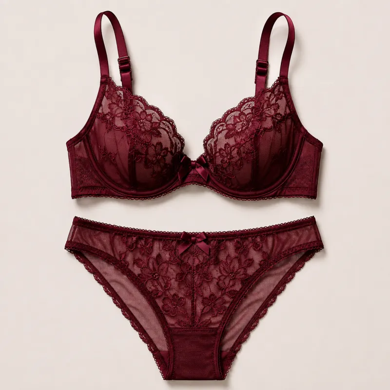 Maroon designer lace lingerie set manufactured by NuedWears Kanpur